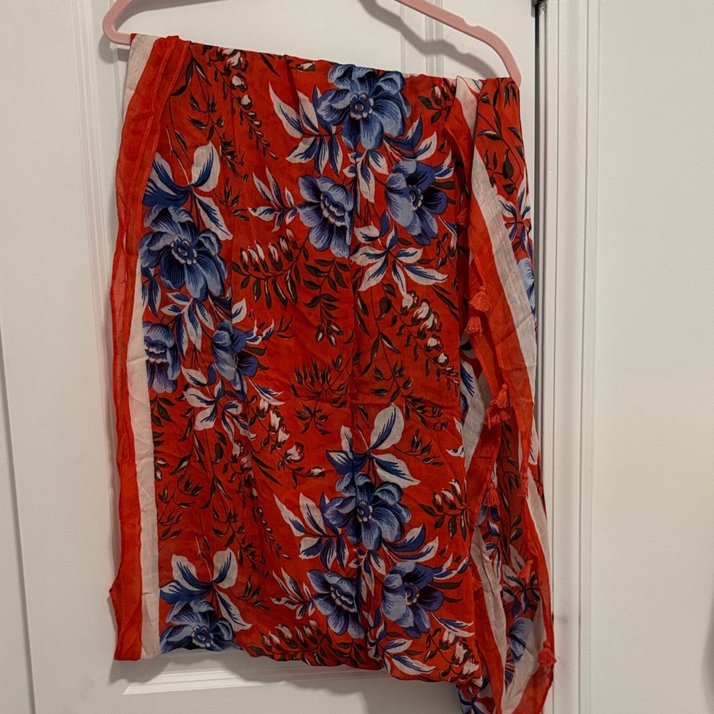 LOFT Vibrant Orange Loop Scarf with Blue and White Floral Design